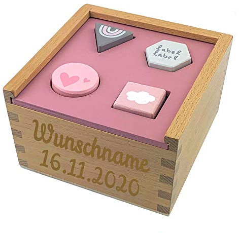 Elefantasie Formenspiel Sortierbox aus Holz rosa personalisierbar mit Name und Datum Baby Geschenk mit Gravur