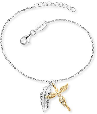 Engelsrufer Damen Armband aus Sterling Silber mit Feder Anhänger silber und vergoldetem Engel Anhänger - besetzt mit 20 Zirkonia Steinen - Karabinerverschluss - längenverstellbar