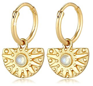 Elli Ohrringe Damen Creolen Vintage Anhänger Ornament Trend Blogger mit Mondstein in 925 Sterling Silber Vergoldet