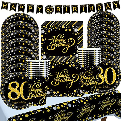 80 Años Cumpleaños Vajilla Platos para Hombres Mujeres, Juego Platos Elegantes Oro Negro con Vasos, Servilletas, Mantel y Guirnalda para Cumpleaños Fiesta 80 años Aniversarios, Boda Decoración