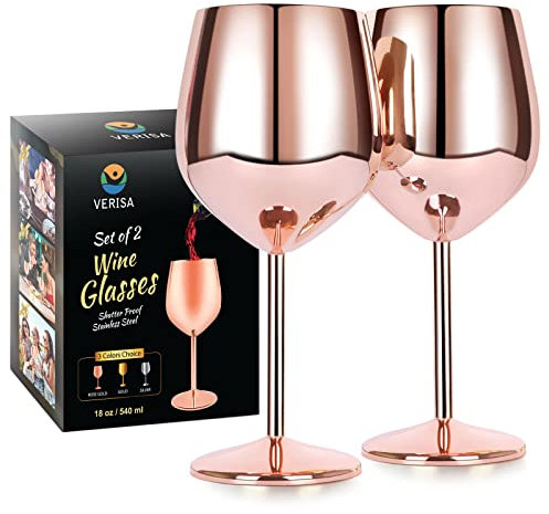 VERISA Rose gold wine glasses,18oz Unbreakable Steel Wine glass, Shatterproof Metal wine Goblets for Outdoor, Picnic,Party, Gift Box Red wine 2 wine glasses stainless wine glass (ROSE GOLD)