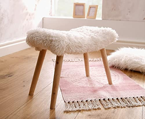 Dekoleidenschaft Hocker Kuschelfell aus Kunstfell in Creme-weiß, Beine aus Holz, Natur, Sitzhocker, Polsterhocker, Fußhocker, Schminktisch-Stuhl, Dekohocker