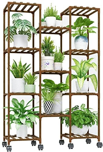Bamworld Support Plantes Intérieur avec Roulettes, Porte Plante Intérieur et Extérieur, Étagère Plante en Bois pour 11 Pots, Grand Porte Plante Extérieur pour Salon