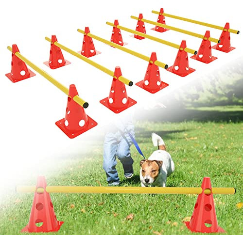 TRMLBE 6er Steckhürdenset Agility Hürden Set Hindernisse für Kinder zum springen, Koordinationstraining Höhenverstellbar mit 12 Kegel + 6 Stangen für Kinder, Hunde, Pferde