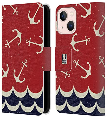 Head Case Designs Anclajes Y Ondas Patrones Marinos 1 Carcasa de Cuero Tipo Libro Compatible con Apple iPhone 13 Mini