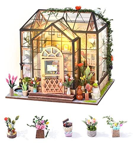 INSGEN DIY Miniature Dollhouse Greenhouse Building Room Kit, Wooden Diorama Book Nook House Crafts for Adults, 1:24 Scale Miniature Street Tiny Library House Making