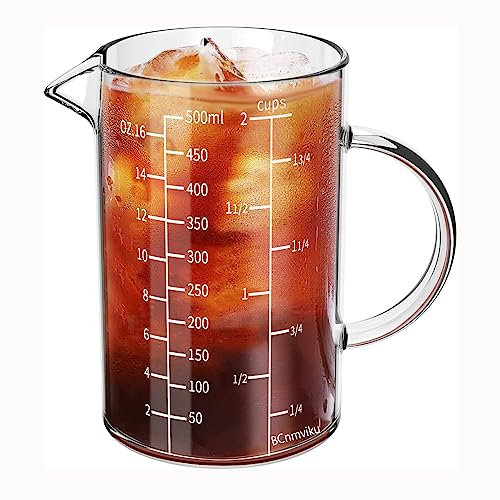 NCnnwovf 500ML Glass Measuring Cup With Handle, High Borosilicate Glass Three Scales (OZ, Cup, ML/CC) Easy To Read