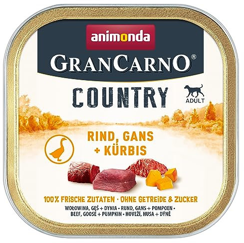 animonda GranCarno Hunde Nassfutter Country Rind, Gans + Kürbis (22 x 150g), getreidefreies Hundenassfutter ohne Zucker, für ausgewachsene Hunde, mit frischen fleischigen Zutaten