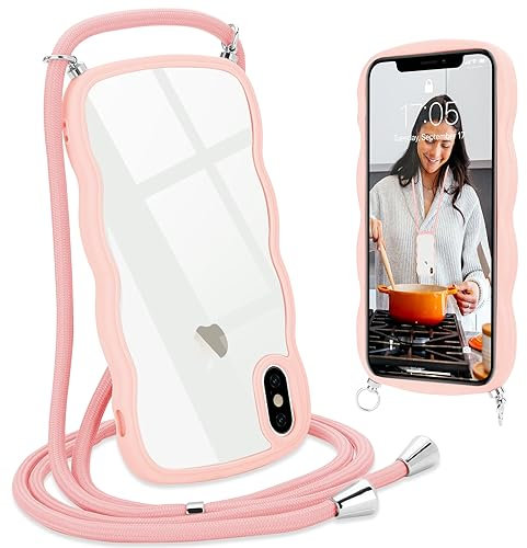 L-FADNUT Handykette für iPhone X iPhone XS Hülle mit Band, Silikon Wellen Rahmenform Handyhülle mit Kordel zum Umhängen, Transparent Schutzhülle Case für iPhone X iPhone XS, Rosa