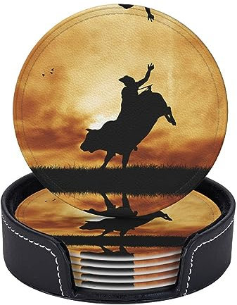 Cool Bull Riding Leder Untersetzer Set von 6, Getränkeuntersetzer, Bar Runde Tasse Matte Pad für Einweihungsfeier Home Decor