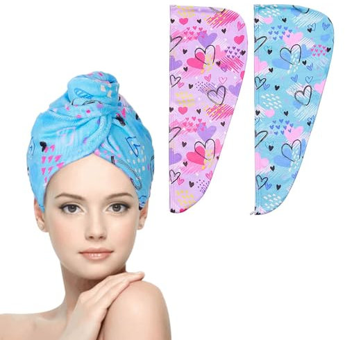 WUBAYI 2Stück Haarturban, Mikrofaser-Haarturban zum schnellen Trocknen, super saugfähige Kopfhandtuch mit Schnalle. Entworfen für nasse Haarhandtüch, Damen und Mädchen Haartüch (Liebe)