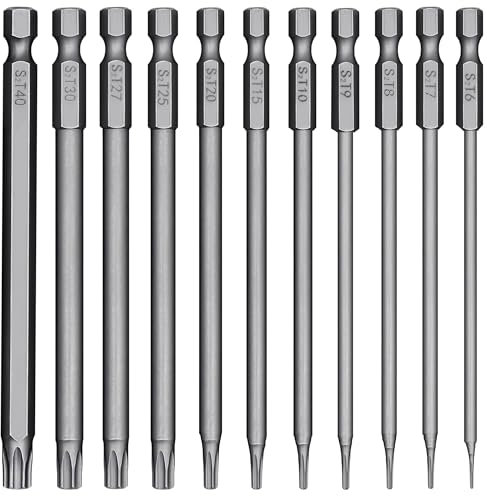 11 Stück Torx lang Schraubendreher Bit Set 1/4 Magnetisch Sternenkopf Schraubenziehe Set T6-T40 100mm Lang Sechskant Schaft für Akkuschrauber T20 T25 Schraubendrehersatz