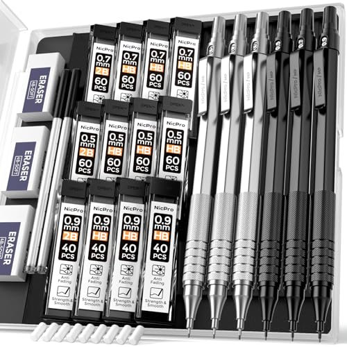 Nicpro 0,5 & 0,7 & 0,9 mm Metall Druckbleistift Set mit Etui, 6 Stück MP1000 Bleistifte mit 12 Röhrchen HB & 2B Minen, 3 Radiergummis für Architekten Kunst Schreiben Zeichnen Skizzieren Zeichnen