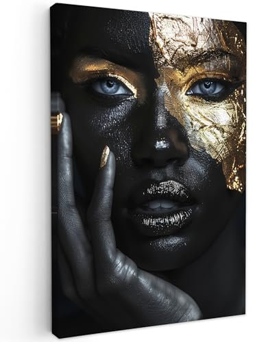 MuchoWow© Impression sur Toile Decoration Murale Peinture 60x90 cm Tableaux Decoratifs Muraux Déco Chambre Tableau Salon Femme - Or - Portrait - Noir et blanc - Luxe