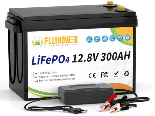 FLLYROWER Lifepo4 - Batterie au lithium rechargeable - 12 V 300 Ah - Avec BMS et cellules de classe A - 16500 cycles profonds - Pour moteur de trolling, RV, golf, cart hors grid, maison