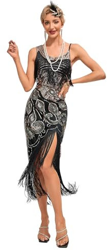 VILOREE Sexy Damen Paillettenkleid Tanzkleid Ärmellos Bodycon Ballsaal Kleider Club Outfits mit Quasten Fransenkleid Glitzer Kleid Rückenfrei Schwarz & Gold M