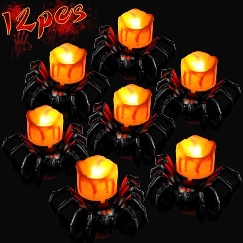 Johyzmpun Halloween Deko 12 Stück Teelichter Flammenlos Spinne Kerzenlichter für Halloween Deko Outdoor Indoor