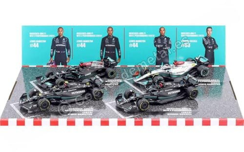 Bburago Formula 1 F1 4-Car Set - Mercedes AMG Petronas W12 W13 W14 - Hamilton, Russell - 1:43 Scale - Incredibly Detailed Die-Cast Collectible Replica Race Cars, Black and Silver