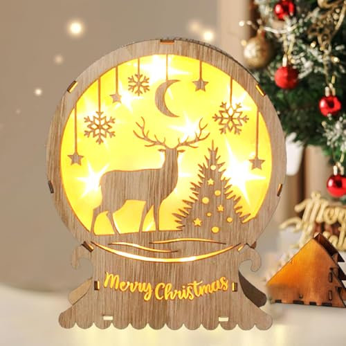 Luces de Navidad LED de Madera, Alce Luz LED, Luces Nocturnas Navideñas de Madera, Adornos de sobremesa Luminosos, Iluminación navideña LED de madera para Decoración de Mesa, Regalos para Niños