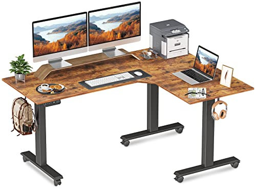 FEZIBO Triple Motors L Shaped Electric Standing Desk, 160 * 140 cm Adjustable Height Stand Up Corner Desk, Sit Stand Home Office Desk, Black Frame with Rustic Brown Top
