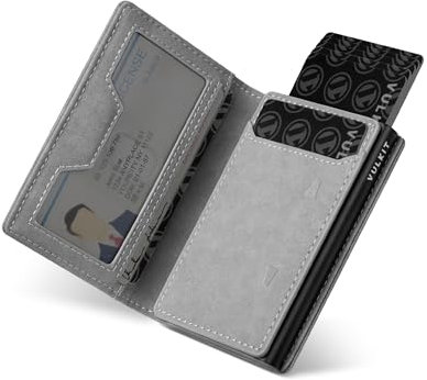 VULKIT Kartenetui Herren mit Münzfach, Ausweisfenster und Aluminium Kreditkartenetui RFID/NFC geschützt, Leder Portemonnaie für Max. 10 Karten, Grau