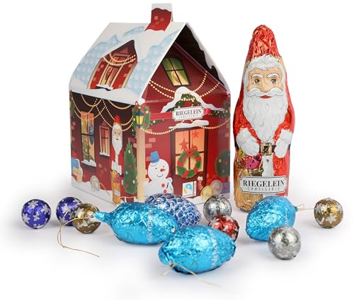 Riegelein Weihnachtshaus mit Schornstein 174g – mit Schokoladenfiguren – Vollmilch Weihnachten-Schokolade – Essbare Schoko Deko: Schokonikolaus, Schokokugeln & Pralinen einzeln verpackt