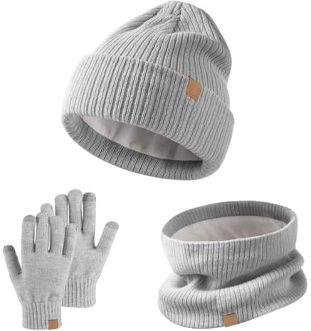 SSKHE Lot de 3 bonnets, écharpes, gants d'hiver chauds et thermiques en tricot pour enfants de 5 à 12 ans - Moufles tactiles - Doublure en polaire douce - Élastique - Pour sports de plein air