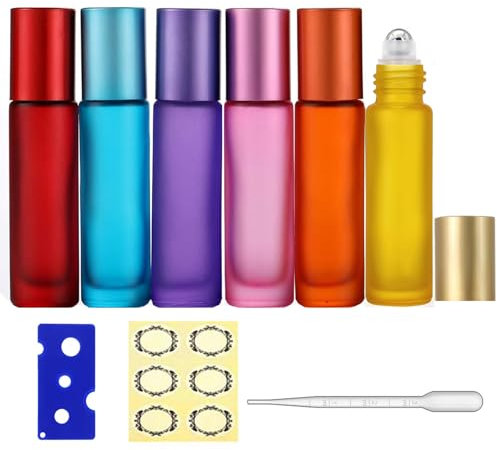 Essential Oils Roller Bottles, Apstaqeoo 6pcs 10ml Roll on Bottles with Stainless Steel Ball, Frosted Glass Roller Bottle with Bottle Opener/Dropper/Label for Essential Oil, Aromatherapy (Multi-color)