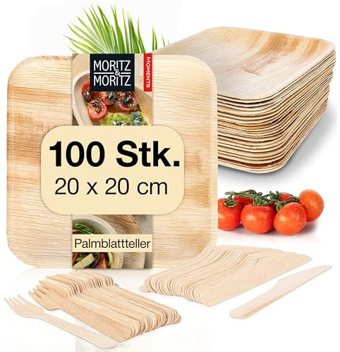 Moritz & Moritz Nachhaltiges Palmblatt Geschirrset für 100 Personen - 100 Teller Einweg 20 x 20 cm - 100 Holzbesteck Einweg - Alternative zu Bambusteller und Bambus Geschirrset