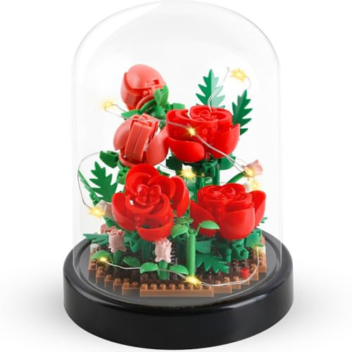 Roses Building Kit with LED Lighting Roses Flower Building Set with Cover Botanical Building Blocks Birthday Mini Bricks Valentines Day Gift for Adult Girlfriend Wife (Red Roses)