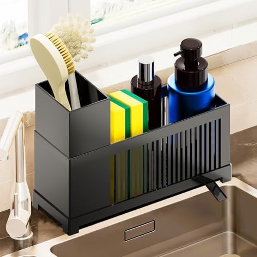 KOOSREEL Kitchen Sink Caddy Organiser, Sponge Holders with Removable Drain Tray, Partitions and Brush Holder