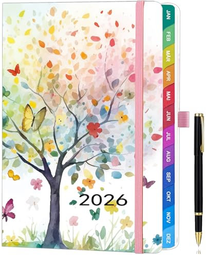 Kalender 2026 A5, Deutsch, Wochenplaner & Terminplaner mit Monatsübersicht, Januar bis Dezember 2026, mit bunten Monatsregistern, farbenfrohen Innenseiten, Innentasche & Stift - Baum des Lebens