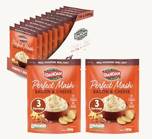 Idahoan Bacon & Cheese Mash Potato (Pack of 14 x 109g)- Instant Mash Potatoes Cooks in 1 Minute Ready to Eat Food Bacon & Cheese Bulk