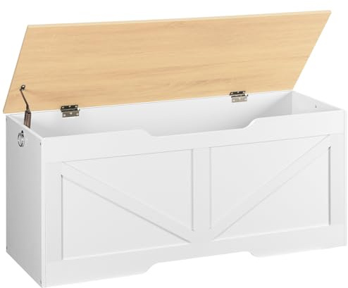 HOOBRO Truhen, Sitzbank mit Stauraum, Spielzeugkiste mit Deckel, Truhenbank, aufbewahrungsbox, 2 Ringen, 110cm, Robust, Stabil, für Kinder, Flur, Wohnzimmer, Weiß, Natürliche Holzfarbe EWN772CW01