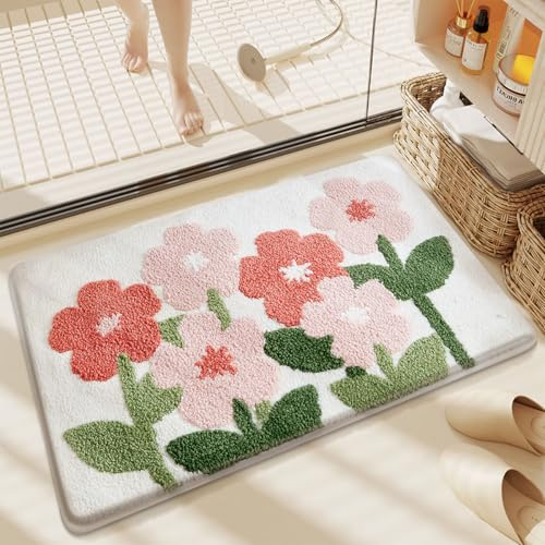 Loismood Pflanzen-Badematte, süßer, saugfähiger Badezimmerteppich, rutschfest und maschinenwaschbar, zotteliger Teppich für Küche, Schlafzimmer und Wohnzimmer, 60 x 40 cm, Rosa Blumen