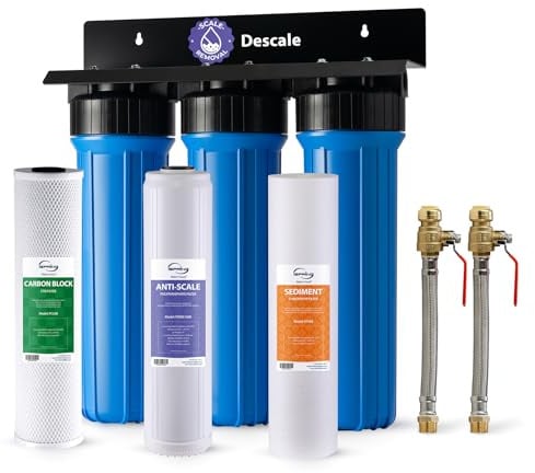 iSpring WGB32B-DS+AHPF12MNPT16X2 Anti-Scale Whole House Water Filter System w/ 3/4'' Push-Fit Stainless Steel Hose Connectors, Reduces Sediment, Scale, Chlorine, Corrosion Water Descaler Filter
