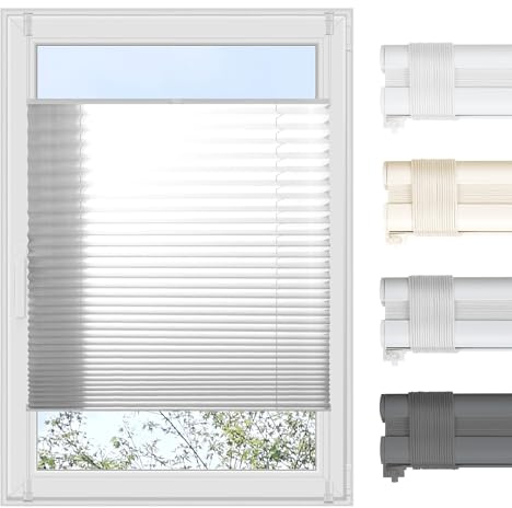 Grandekor Plissee Klemmfix ohne Bohren Faltrollo Jalousie (B90 x H120 cm) Grau | Alustange, Zubehör & Stoff farblich einheitlich – Sicht- & Sonnenschutz Rollos für Fenster & Tür
