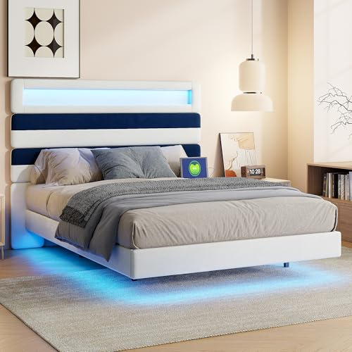 KeepGoon Doppelbett 140 x 190 cm, Hängebett, Holzplatte, verstellbar, USB-Ladeanschluss + LED, mit Kopfteil und Lattenrost, gepolstertes Bett aus Samt