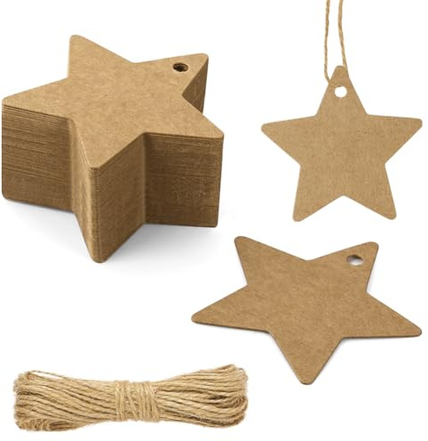 Flintronic Brown Gift Tags, 60PCS Kraft Paper Tags with String | Star Blank Price Tag, Large Gift Labels for Wedding Favors, Christmas, Valentine's Day, Birthday, Thanksgiving (Brown)