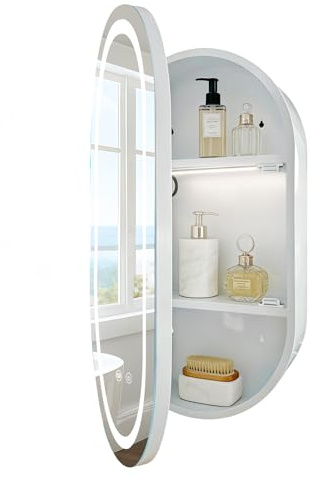 Janboe 41cm×71cm Oval Spiegelschrank Bad mit Beleuchtung,LED-Spiegelschrank für das Badezimmer,3 Farbtemperaturen & Helligkeit einstellbar,Rasierdose mit USB-Anschluss,Innenbeleuchtung,Weiß