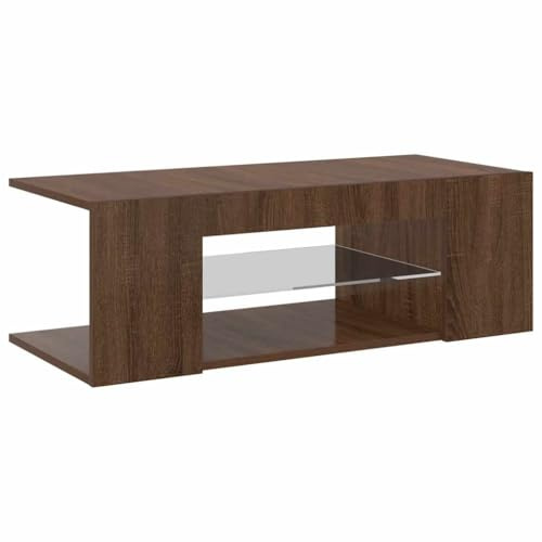 Meuble TV Moderne Blanc Brillant avec éclairage LED RVB, Console Multimédia en Bois D'ingénierie de 35,4 X 15,4 X 11,8 Pouces avec étagère de Rangement, Meuble TV alimenté par (Chêne Brun)