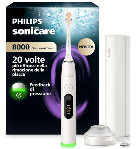 Philips Sonicare Next-Generation DiamondClean 8000 Spazzolino elettrico - con Feedback di pressione, 15 impostazioni, bianco polvere, HX8311/11