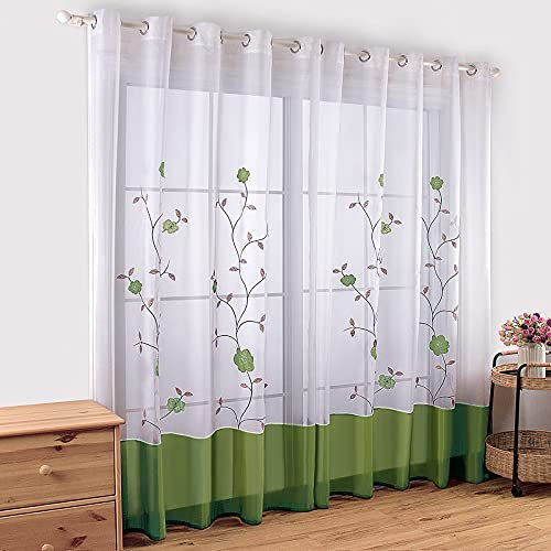 SIMPVALE 2 Pezzi Tenda per Interni, Verde 140x225 cm Tende per Finestre con Motivo a Floreale Ricamata, Tenda Semi Trasparente Voile con Occhielli per Camera da Letto e Salotto