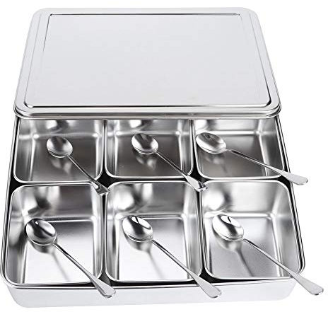 Cikonielf Seasoning Container Set, Condiment Jars 6 Grid Stainless Steel Seasoning Box Detachable Compartment Spice Salt Sugar Storage Organizers with Spoons Lid