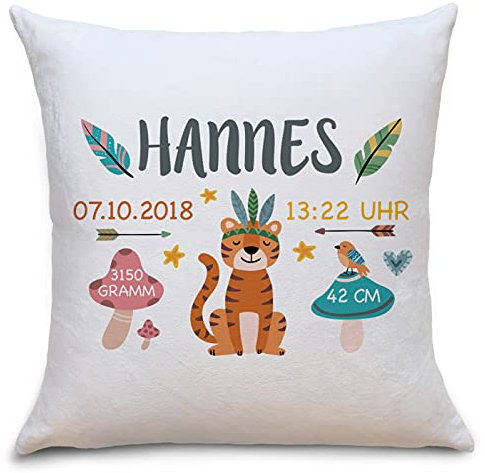 OWLBOOK Geburtskissen Tiger Boho Flauschige Kissenhülle mit Namen und Geburtsdaten Geschenke Geschenkideen zur Geburt Baby Kind Mädchen Junge zur Taufe