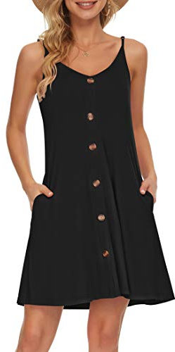 WNEEDU Damen Kleid Sommer Spaghettiträger Sommerkleid Kurze Strandkleider V Ausschnitt Leichte Freizeitkleid mit Taschen Schwarz M