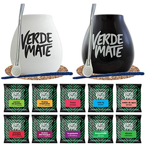 Yerba Mate Tea Complete Double Set 2x Begginer's Set for Couples Yerba Mate Verde Mate Green 10x50g 2x Large Ceramic Gourd 350ml 2x Stainless Steel Bombilla 2x Cork Coaster Product of Cebador
