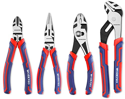 WORKPRO 4-Piece Pliers Set - Premium CR-V Construction Tool Set Including Long Nose, Diagonal Cutting, Groove Joint and Slip Joint Pliers - Red