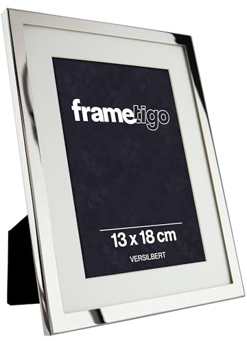 Frametigo - Versilberter Bilderrahmen mit weißem Passepartout, 13x18cm - Hoch- & Querformat - Samtrückseite & Aufsteller - Echtglas - Anlaufschutz - Edler Fotorahmen für besondere Momente