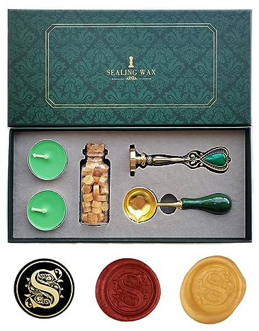 Ausgefallene Buchstaben S Wachssiegel-Stempelset, AMTOL Wachssiegel-Stempelset im europäischen Stil, Geschenkbox-Set, Vintage personalisierte Wachssiegel-Stempel für Briefkarten-Einladungen (S)